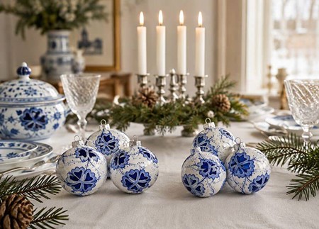 Juledekorationer i glas. Julekugler i porcelæn hvid med blå blomster