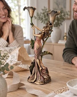 GOD BRYLLUPSGAVE. Art Nouveau lysestage - figur, en kvinde med lilje