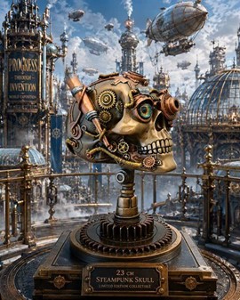 FIGURER STEAMPUNK. Unik bronzefigur af kranium på kædehjul stativ