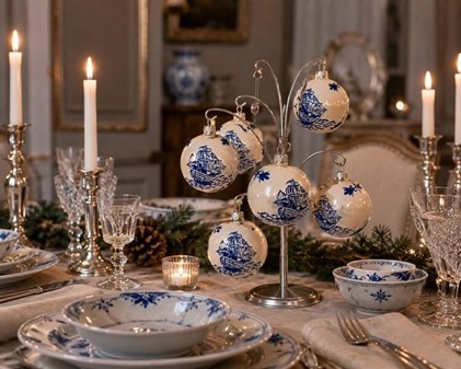 Jule glaskugle i hvid emalje porcelænsfarve med blå båd på kuglen. 8cm