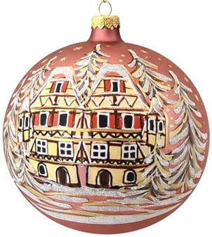 Stor julekugle glas i lyserød mat med hus og vinterlandskab. Ø 15 cm