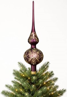 Topspir til juletræ. Spir glas i mat aubergine og gulddekoration. 35cm