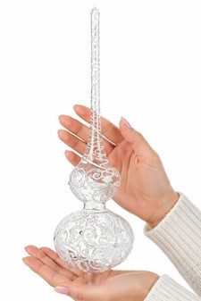 Top spir gennemsigtig med hvid dekoration. Juletræstop spir glas 35 cm