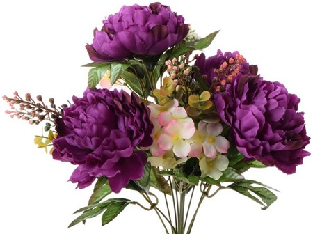 Billig kunstig blomsterbuket af lilla-creme hortensiaer og pæoner 40cm