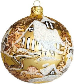 Juletræspynt. Flotte julekugler glas guld med julemotiver. Ø 10cm 6stk