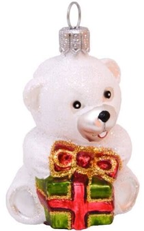 Håndlavet julepynt. Hvid lille bamse til at hænge på juletræet. 7 cm