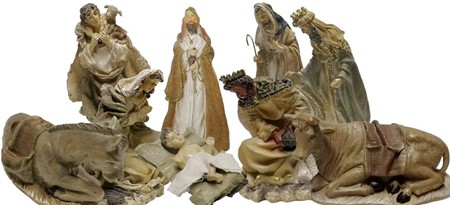 JULEGAVE. Hellige Familie, sæt med 9 stk porcelæn / gips figurer