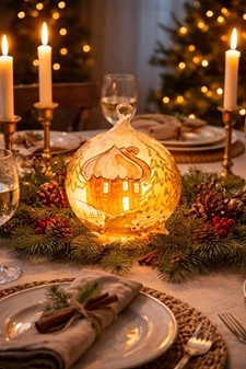 Unik glas julekugle i form lysestage-lanterne med guld vintermotiv