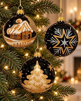 Sorte julekugler med tre forskellige julemotiver i guld, Ø 8 cm 6 stk