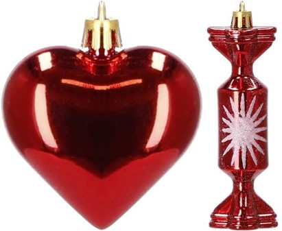 Røde plast julekugler til en stor fest. 153 stk 22 forskellige designs