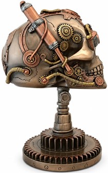 FIGURER STEAMPUNK. Unik bronzefigur af kranium på kædehjul stativ