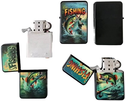 BENZIN LIGHTER. Benzindrevet billig lighter med cool fiskeprint