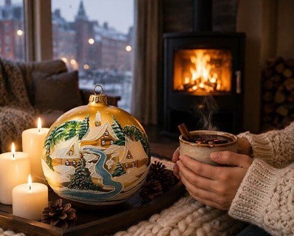 JULEKUGLER 20 CM. Eksklusiv julekugle i guld med vinterlandskab