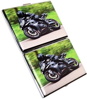 Stilfuldt Metal Cigaretetui med Sort Sportsmotorcykel - Perfekt Gave
