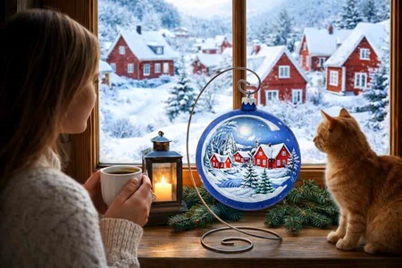 Stor julekugle i kongeblå mat med vinterlandskab på sølvmåne. Ø 15 cm
