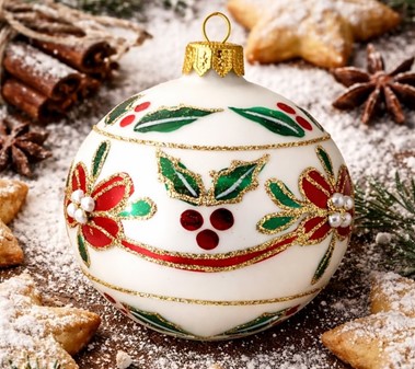 Mundblæst glas julepynt. Julekugler i porcelæn hvid med rød blomst