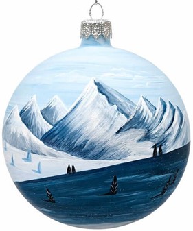 Eksklusiv julepynt. Blå juletræskugle med et vinterlandskab. Ø 10 cm