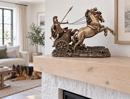 GAVEN TIL HAM PÅ 60. Smuk bronze figur af Achilleus i sin stridsvogn