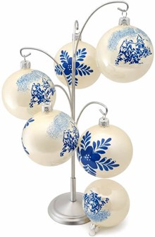 Polske, glas julekugler i porcelænhvid med blåt landskab. 8 cm. 6 stk