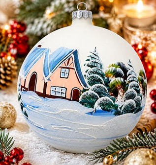 Stor hvid julekugle i glas – unik pynt med vinterlandskab. Ø 15 cm