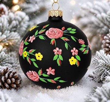 Polsk glas julekugle i sort mat med lyserød blomsterdekoration. 12 cm