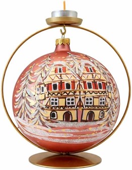 Stor julekugle glas i lyserød mat med hus og vinterlandskab. Ø 15 cm