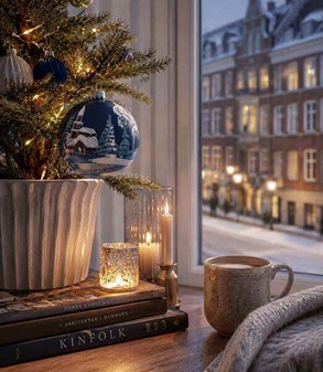 Skinnende, glitrende og smukke blå julekugler med vinterlandskab. 10cm