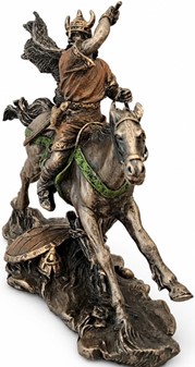 Viking på Hest i Kamp. Lille bronzefigur - en miniature saga