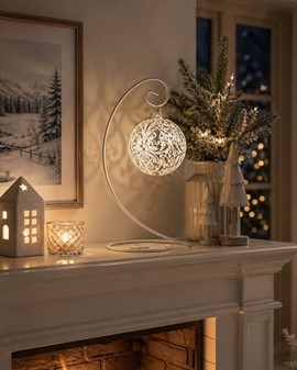 Julepynt, glas julekugler gennemsigtig mat med hvid dekoration. Ø 10cm