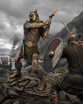 Viking figur. Bronzefigur af mægtige kriger, der svinger sin økse