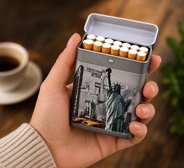 Stilfuldt cigaret etui metal. Sæt med Paris og New York design. 2 stk.