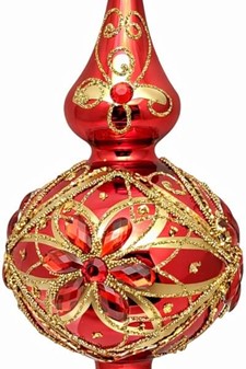 Glas topspir til juletræ i skinnende rød og gylden dekoration. 35 cm
