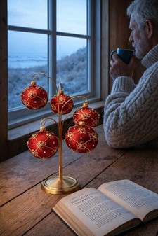 Håndmalede julekugler fra Polen, rød mat med perler og gulddekoration