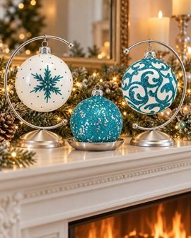 Hvid og blå glas julekugler fra Polen. Smukke mønstre, Ø 10 cm 6 stk