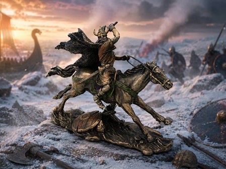 Viking på Hest i Kamp. Lille bronzefigur - en miniature saga
