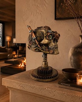 FIGURER STEAMPUNK. Unik bronzefigur af kranium på kædehjul stativ