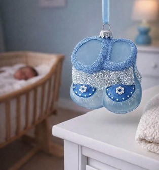 Julekugler fra Polen. Rigt dekoreret baby sko i mat blå glas, H 10 cm