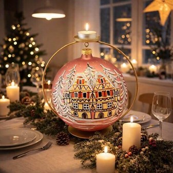 Stor julekugle glas i lyserød mat med hus og vinterlandskab. Ø 15 cm