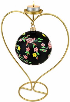 Polsk glas julekugle i sort mat med lyserød blomsterdekoration. 12 cm