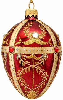 Smuk, håndmalet julepynt i rød Fabergé æg form. Julefigur H: 13 cm