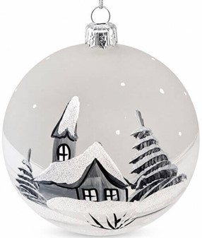 Julekugle glas i gennemsigtig mat hvid med en vinterlandskab. Ø 10 cm