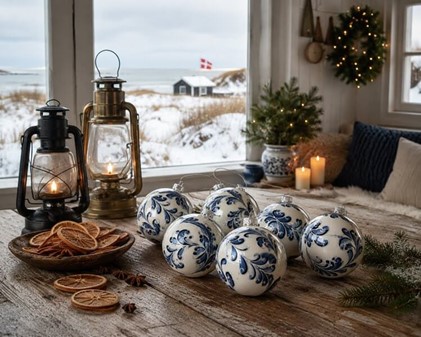 Polske julekugler i porcelænhvid med blå blomstermotiv. Ø 8 cm. 6 stk