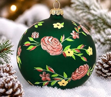 Håndmalede julekugle Polen i grøn mat med rosenrød dekoration. Ø 12 cm