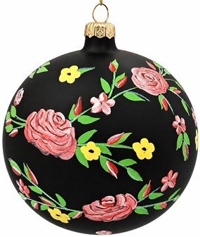 Polsk glas julekugle i sort mat med lyserød blomsterdekoration. 12 cm