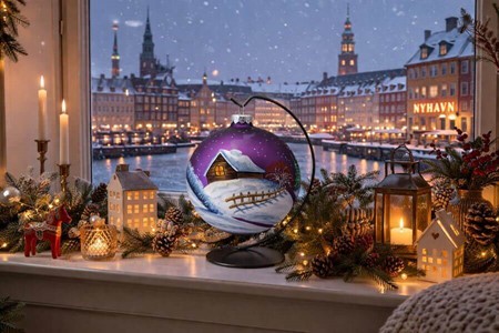Violet stor julekugle mat med snemand og vinterlandskab. Ø 15 cm