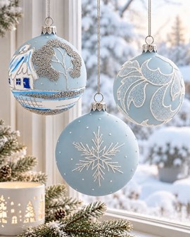 Lyseblå Ismat Julekugler i Glas. Sæt med vintermotiver. Ø 10 cm, 6 stk