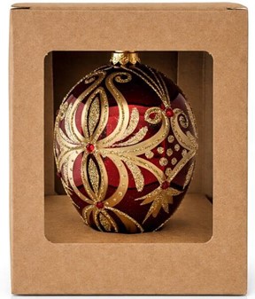 Smuk, glas julepynt i vin rød Fabergé æg form. Julefigur H: 13 cm