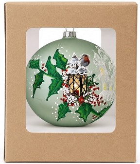 Polsk glas julepynt. Grøn julekugle med en fugl på lanterne. Ø 10 cm