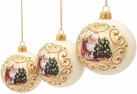Nostalgisk julepynt: Hvide julekugler med julemand. Ø 8 cm, 6 stk