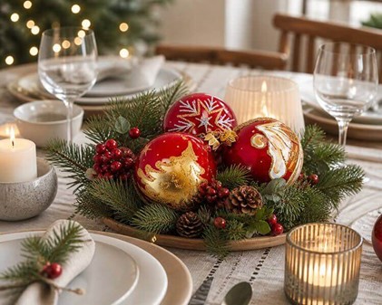 Julekugler i rødt porcelæn farve med gyldne julemotiver, Ø 8 cm 6 stk